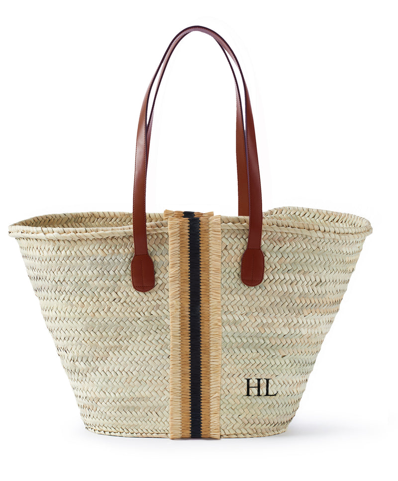 freya personalised initial trimmed long leather handle straw beach basket black