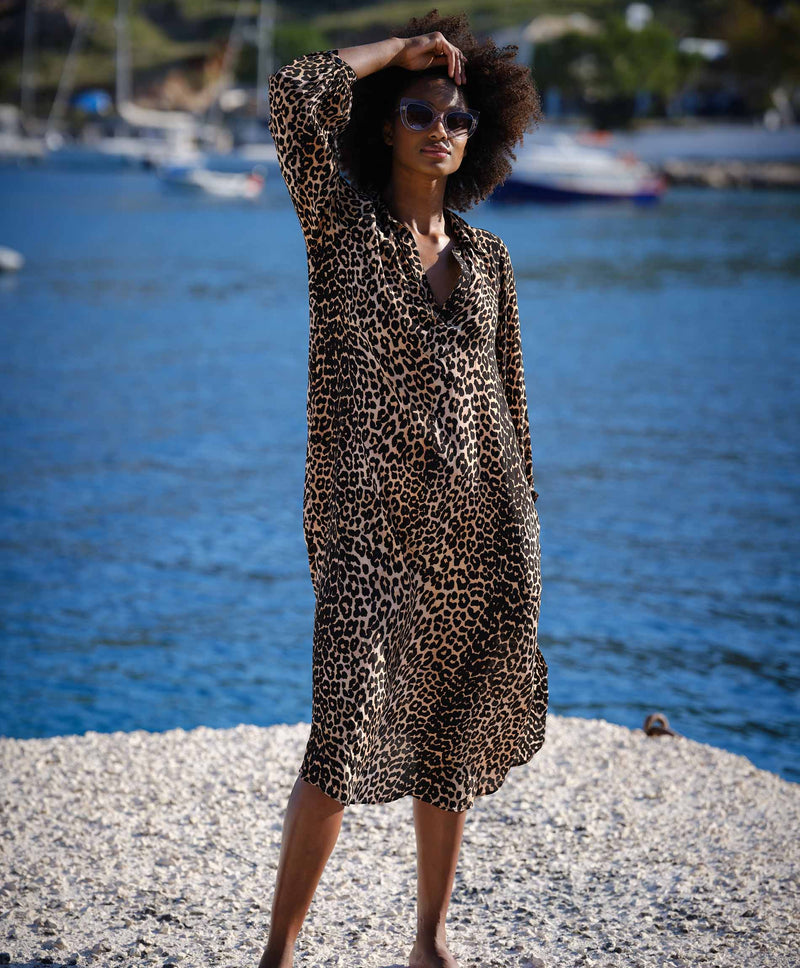 Erica Leopard Butter Crepe Shirt Dress