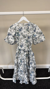 50- SAMPLE SALE  WHITE AND BLUE FLORAL DRESS SMALL