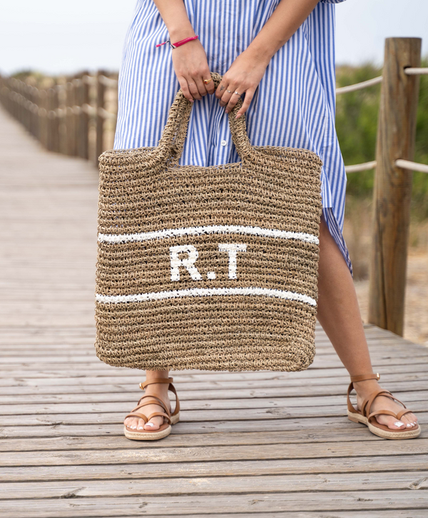 natural personalised initial beach bag for women 