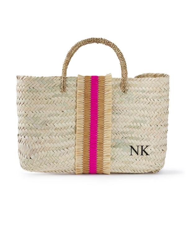 freya personalised book bag straw trimmed basket pink