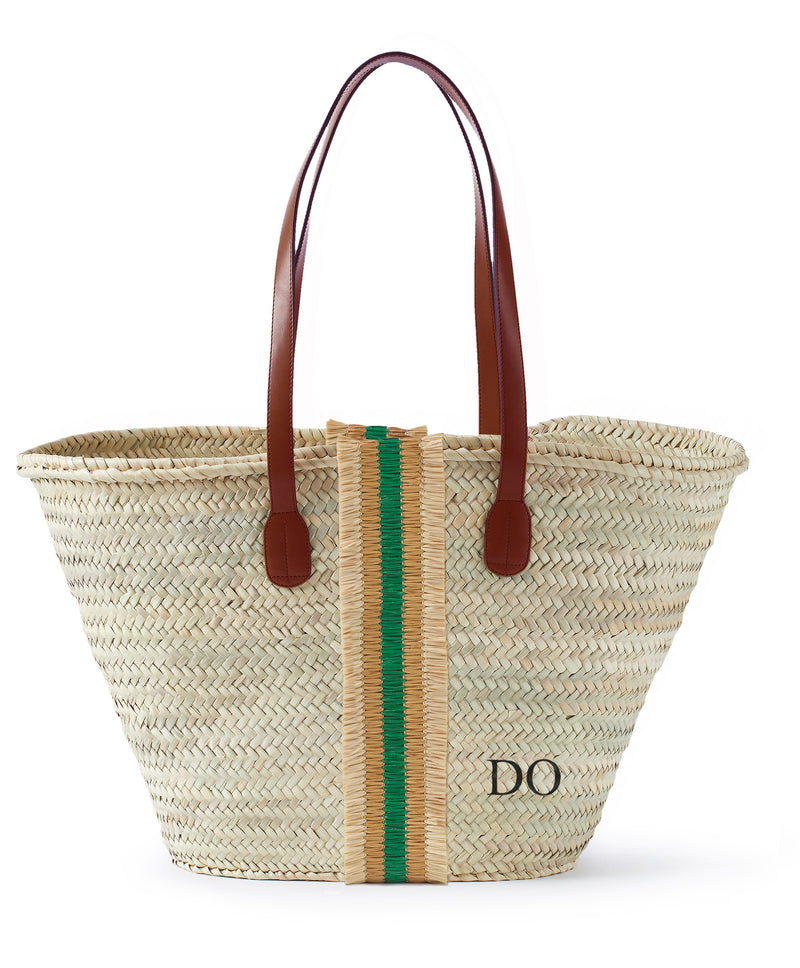 personalised green trim freya long leather handle basket