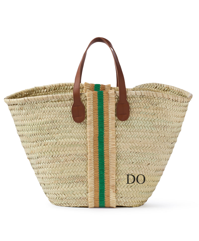 green freya short tan leather handle beach personalised basket