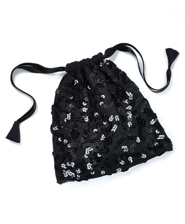 black sequin hand embellished drawstring pouch bag