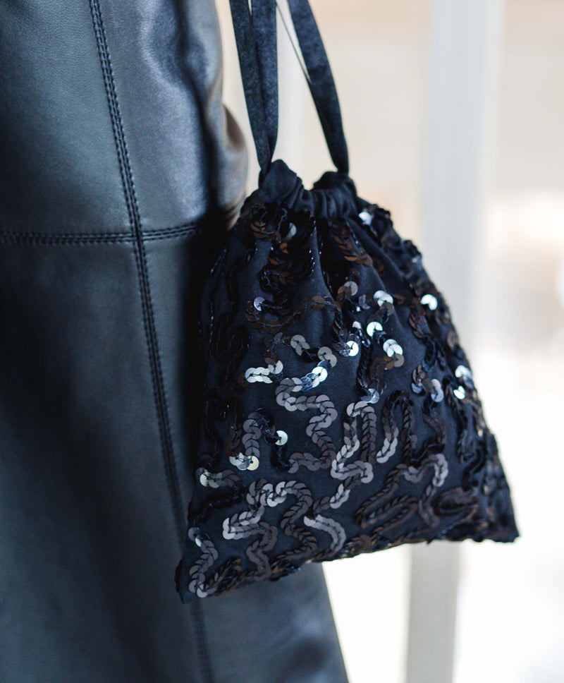 hand embellished sequin black jersey drawstring bag