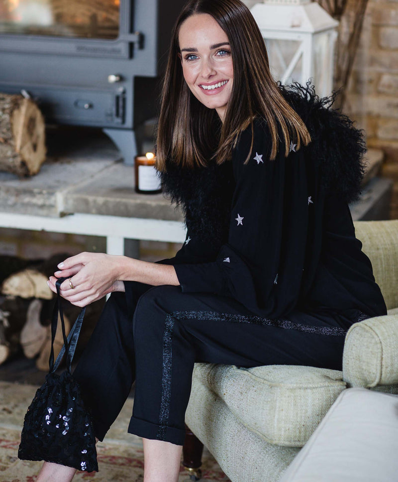 hand embellished black sequin bag jean black embroidered silver star blouse jazzy black party pant mongolian black fur collar
