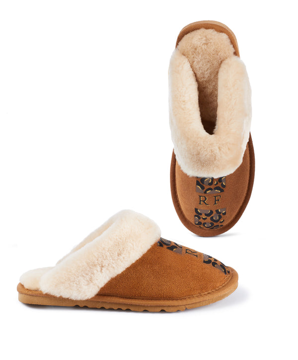 womens leopard personalised slip on sheepskin slippers