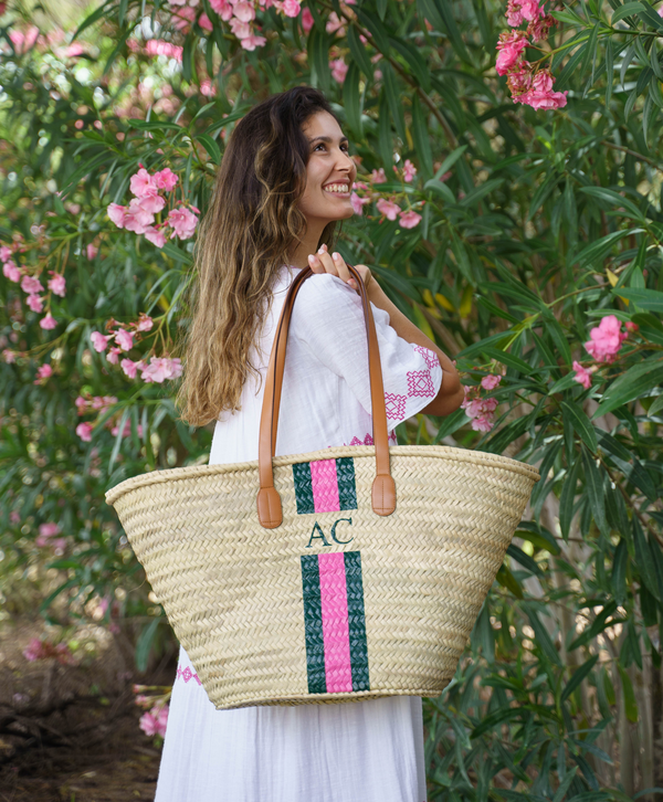 tan personalised long leather handle large beach straw basket rae feather