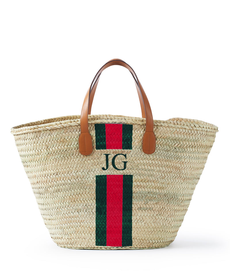 personalised tan short leather handle straw basket