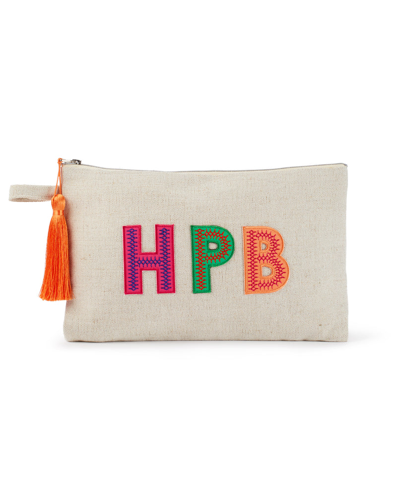 personalised patch initials cotton tassel clutch