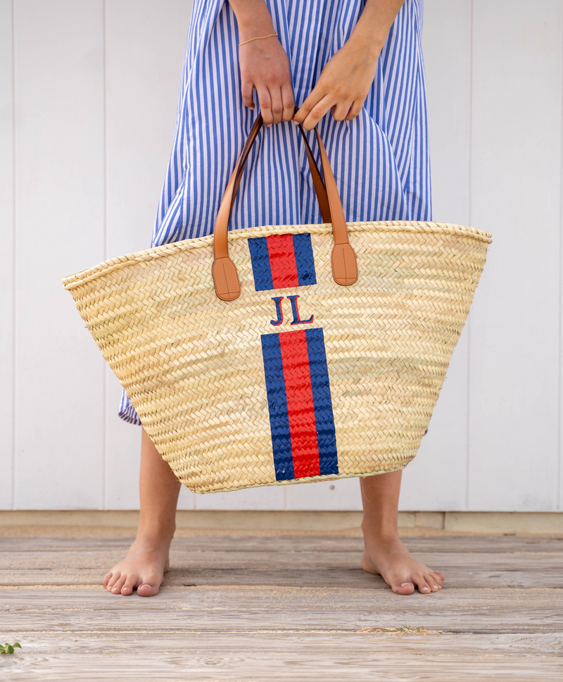 personalised striped initials large beach wicker straw leather handle basket