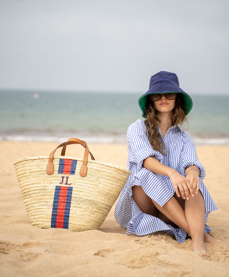 large tan leather handle personalised wicker straw beach basket