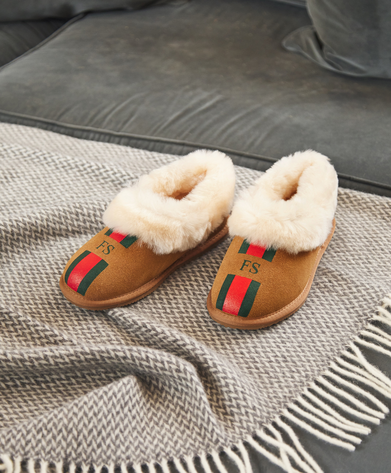 rae feather sheepskin personalised womens stripe slippers tan