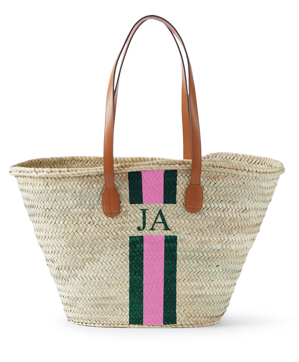 personalised tan long handle wicker large beach basket