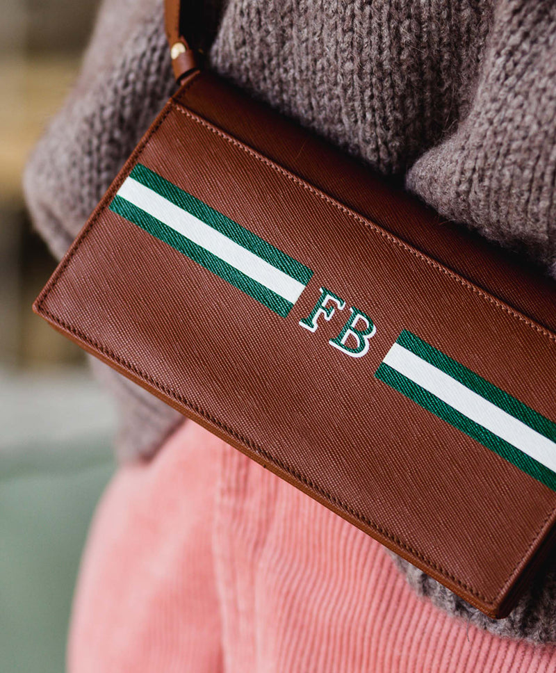 tan personalised stripe leather cross body handbag wallet