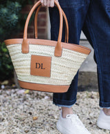 personalised straw leather handle beach basket shopper tan