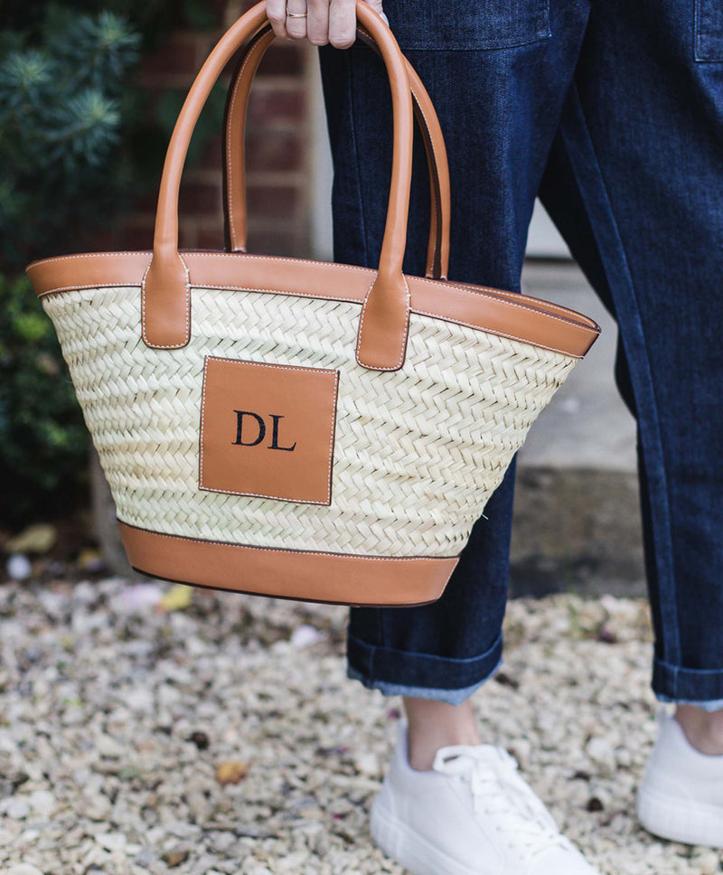 personalised straw leather handle beach basket shopper tan