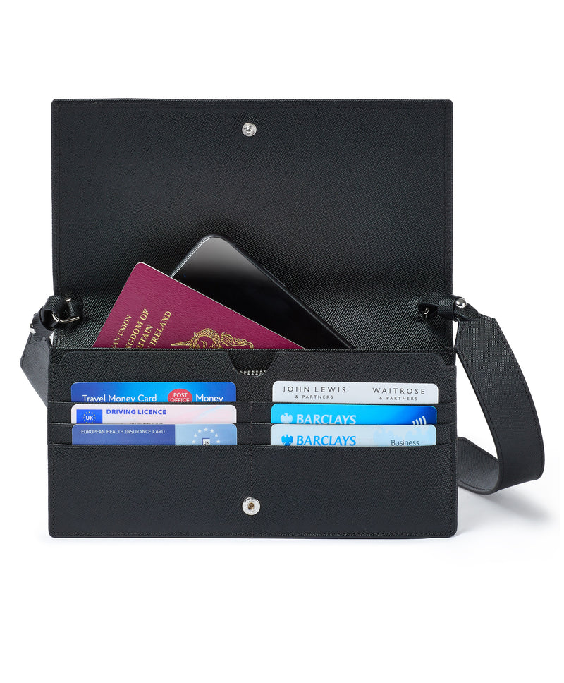 leather personalised stripe womens black cross body bag passport card holder